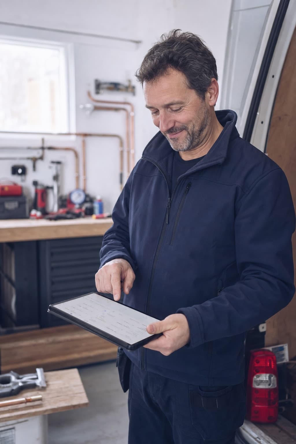 A plumber checks his quotes on a tablet in his workshop